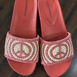 Lucky Brand Red and Cream Sandals with Intricate Strap